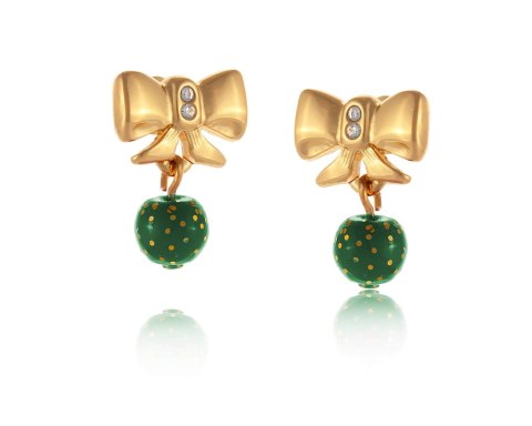 Kolczyki kokardki z zielonym koralikiem, z brokatem (P24/ZIM/03/2AU)